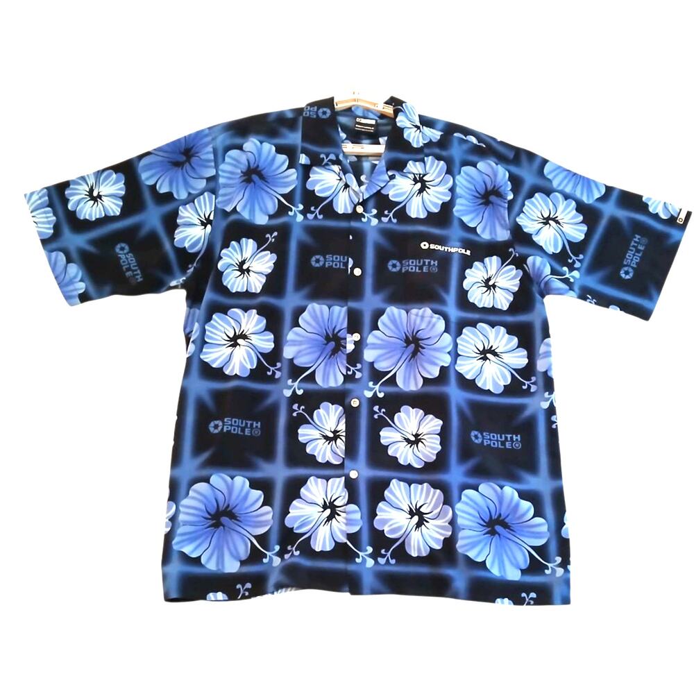 Southpole‎ XL Hawaiian Shirt Blue Floral Aloha Y2K Streetwear Mens VTG Vibe